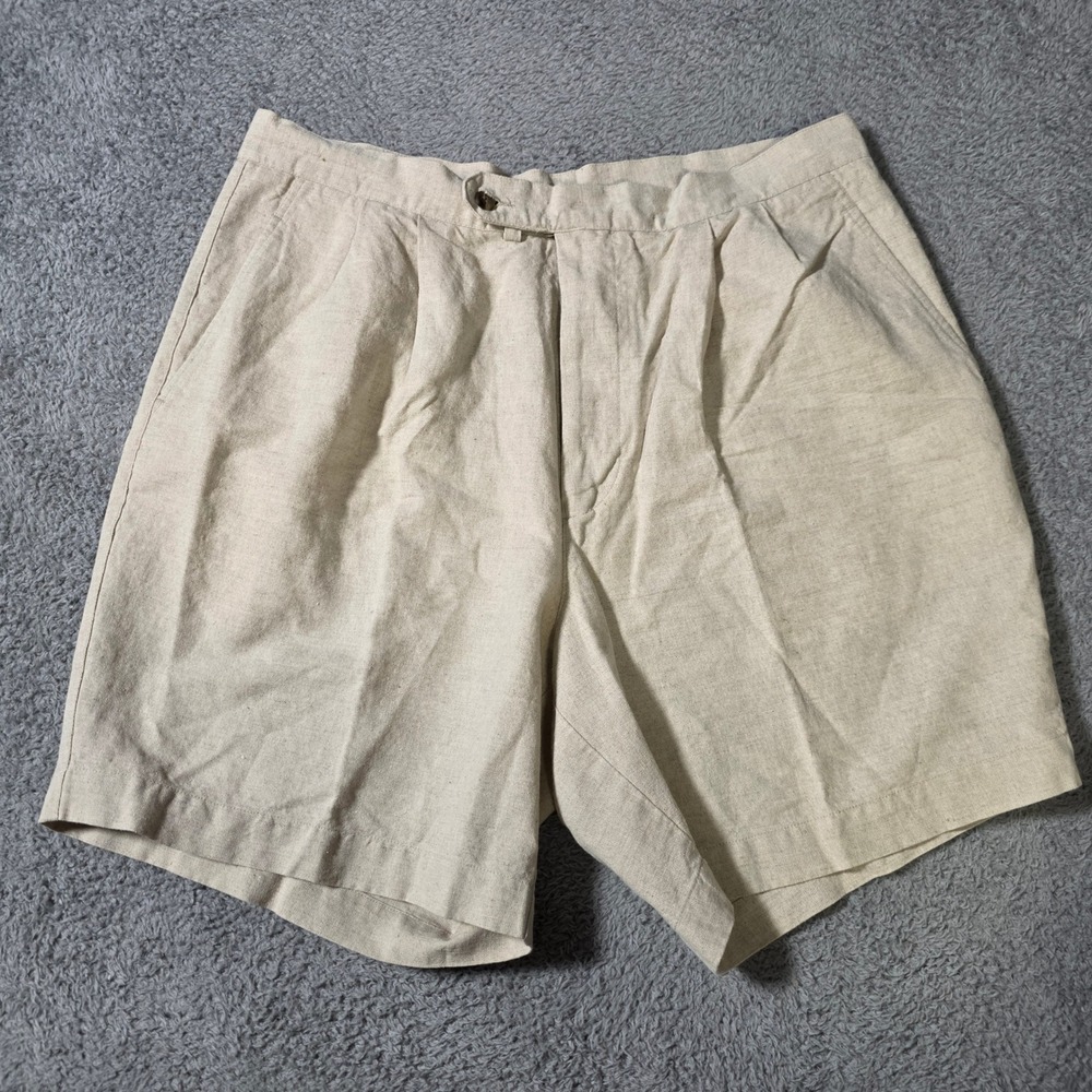 Perry Ellis Mens‎ 38 Shorts Beige Linen Cotton Blend Pleated Front Casual Summer